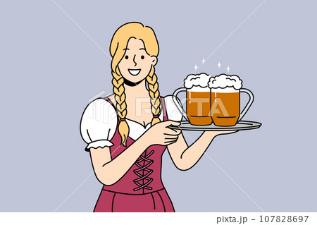 Woman waiter with beer on tray smiles, inviting...のイラスト素材 