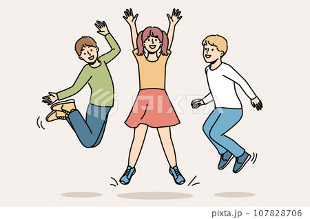 Cheerful childrens jumping together and enjoying life symbolize happy childhood. Cheerful childrens jumping together and enjoying life symbolize happy childhood. 107828706