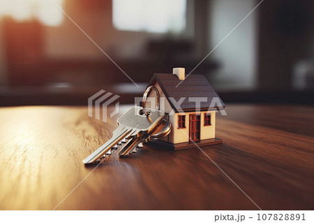 Moving to new house, selling, housing service. House model and keys. Moving to new house, selling, housing service. House model and keys. 107828891