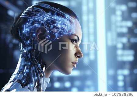 Female face with matrix digital numbers artifical intelligence. 107828896