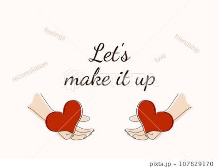 Reconciliation, friendship, love concept. Holding red hearts in hands. Vector outline illustration. 107829170
