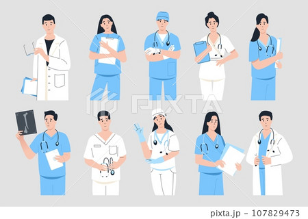 Doctor portraits. Cartoon medical practitioners in blue and white uniform and with stethoscopes, medical clinic doctors stuff. Vector set Doctor portraits. Cartoon medical practitioners in blue and white uniform and with stethoscopes, medical clinic doctors stuff. Vector set 107829473