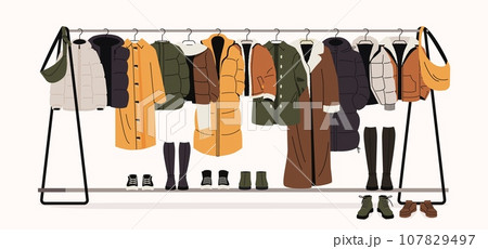 Winter clothes on racks. Men and women fashionable outfits for autumn and spring, trendy fashionable store with variety of accessories. Vector cartoon illustration Winter clothes on racks. Men and women fashionable outfits for autumn and spring, trendy fashionable store with variety of accessories. Vector cartoon illustration 107829497