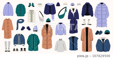 Winter clothes set. Cartoon winter wardrobe with casual and elegant clothing, male and female cold weather outfits. Vector winter wardrobe Winter clothes set. Cartoon winter wardrobe with casual and elegant clothing, male and female cold weather outfits. Vector winter wardrobe 107829500