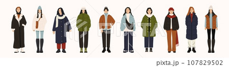 Women in fashion winter clothes. Modern trendy female characters wearing casual elegant outfit, trendy stylish street fashion. Vector isolated set Women in fashion winter clothes. Modern trendy female characters wearing casual elegant outfit, trendy stylish street fashion. Vector isolated set 107829502