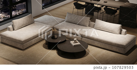 Modern minimalism interior livingroom with large modular sofa, night city view and marble kitchen island. 3d rendering. High quality 3d illustration Modern minimalism interior livingroom with large modular sofa, night city view and marble kitchen island. 3d rendering. High quality 3d illustration 107829503
