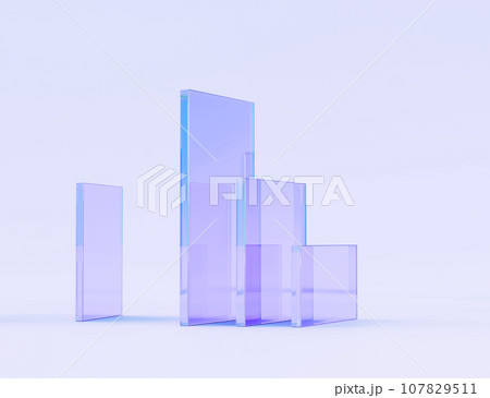 Glass square and rectangle plates on abstract purple background 3d render. Transparent clear rainbow rectangular shapes, geometric gradient panels with light refraction prism crystal. 3D illustration 107829511