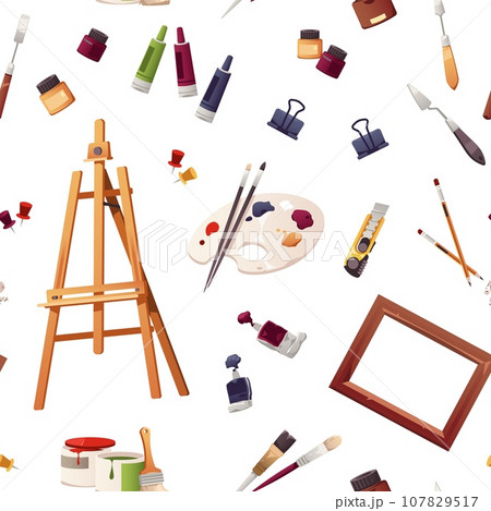 Art tools pattern. Seamless print of various painting and drawing equipment, endless background with cartoon paintbrush palette pencils. Vector texture 107829517