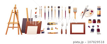 Painting accessories. Cartoon colored paintbrush knife palette brush, professional craft materials for painting, home studio concept. Vector set 107829518