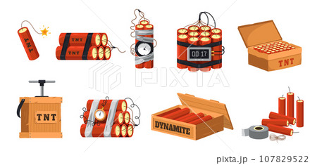 Cartoon dynamite. Military explosive with timer, detonator and fuse, dangerous blasting tool for mining and construction. Vector isolated set 107829522