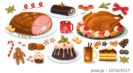 Christmas food set. Cartoon traditional christmas dinner with roasted turkey, baked sweet pies and desserts, turkey dinner with tea and coffee. Vector flat collection Christmas food set. Cartoon traditional christmas dinner with roasted turkey, baked sweet pies and desserts, turkey dinner with tea and coffee. Vector flat collection 107829527