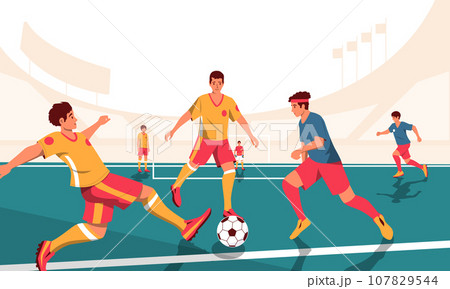 Football match scene. Cartoon players in competition, tense group fight dynamic panoramic view of players in game. Vector panoramic illustration 107829544