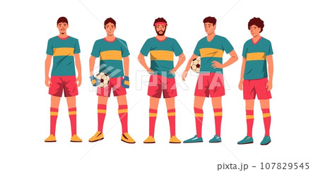 Soccer team players. Cartoon male characters in uniform standing together, group of active guys in sport clothes. Vector collection 107829545