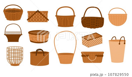 Wicker baskets. Handmade woven straw containers for grocery shopping, traditional rural picnic baskets for eco packaging. Vector set 107829550
