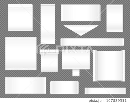 Fabric blank label. Seamless horizontal textile banners with stitches for fashion fabric clothing, empty textile mockup design. Vector mockup 107829551