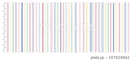 Colorful stitches pattern. Seam and straight embroidery cross variations, brush stitching zigzag and zag borders, fabric decoration. Vector isolated set 107829682