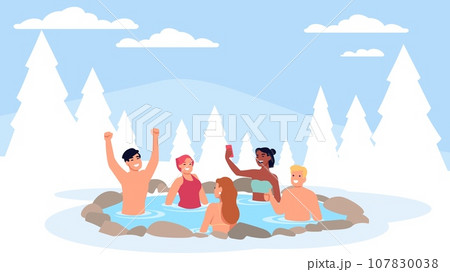 Young people vacationing together at winter hot spring resort. Friends party. Men and women group bathing in outdoor pool. Snowy fir trees. Happy couples relax in nature. Vector concept Young people vacationing together at winter hot spring resort. Friends party. Men and women group bathing in outdoor pool. Snowy fir trees. Happy couples relax in nature. Vector concept 107830038