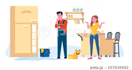 Hostess and repairman in home kitchen by broken refrigerator. Household appliance. Electrical fridge flood. Water leaking. Repair service workman. Confused handyman. Vector concept 107830082
