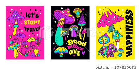 Hippie mushroom posters. Magic acid fungi. Psychedelic colorful objects. Bright fantasy plants. Groovy vintage element. Hallucination fungus. Inspirational lettering. Garish vector set Hippie mushroom posters. Magic acid fungi. Psychedelic colorful objects. Bright fantasy plants. Groovy vintage element. Hallucination fungus. Inspirational lettering. Garish vector set 107830083