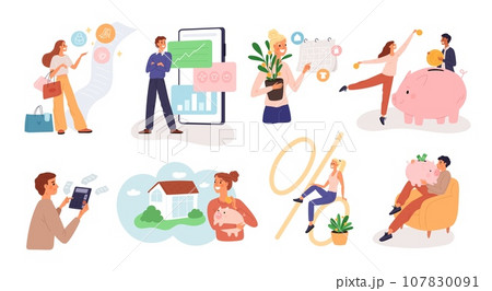 Financial literacy and management. People planning budget income. Proper money distribution. Persons invest in various life spheres. Piggy bank. Mortgage payment. Garish vector set Financial literacy and management. People planning budget income. Proper money distribution. Persons invest in various life spheres. Piggy bank. Mortgage payment. Garish vector set 107830091