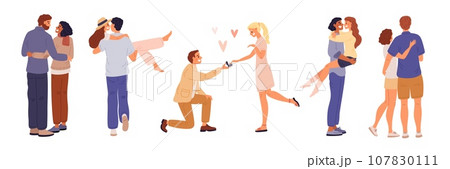 Couples in love. Romantic relationships. Wedding propose. Happy people embrace. Lovers and sweethearts. Cartoon men and women hugging. Girlfriend and boyfriend dating. Garish vector set 107830111