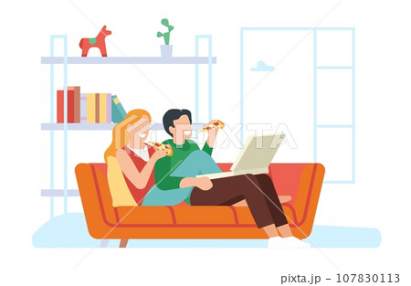 Couple eating pizza together. Man and woman sitting on couch. Friends rest. Dinner in living room. Cozy home relax. Unhealthy food. People on sofa. Family lifestyle. Vector concept 107830113
