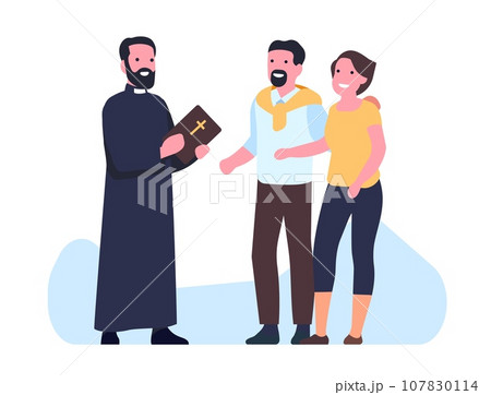 Couple at meeting with Catholic priest. Happy man and woman talking clergyman. Church parish. Christian religion. Prayers confess. Communication with believers family. Vector concept 107830114