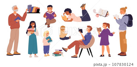 Cartoon readers. Happy people read books. Cute literature lovers. Textbook learning. Education process. Children getting new knowledge. Men and women enjoy of novel. Garish vector set 107830124
