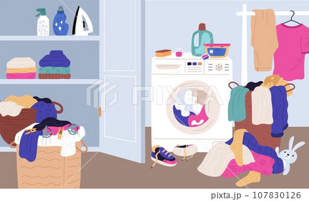 Cartoon home laundry room interior. Washing machine. Baskets with dirty and washed clothes. Detergent bottles on shelves. Messy garment heaps. Household chores. Garish vector concept 107830126