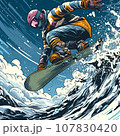 A snowboarder performs a trick while jumping over a snowy slope 107830420