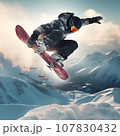 A snowboarder performs a trick while jumping over a snowy slope 107830432