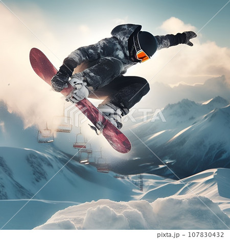 A snowboarder performs a trick while jumping over a snowy slope A snowboarder performs a trick while jumping over a snowy slope 107830432