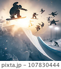 A snowboarder performs a trick while jumping over a snowy slope 107830444
