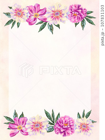 A4 template for text with beautiful peony. Frame or border with pink flowers with leaves. Realistic high quality botanical illustration for romantic pretty wedding invitation, greeting card, cosmetic. A4 template for text with beautiful peony. Frame or border with pink flowers with leaves. Realistic high quality botanical illustration for romantic pretty wedding invitation, greeting card, cosmetic. 107831103