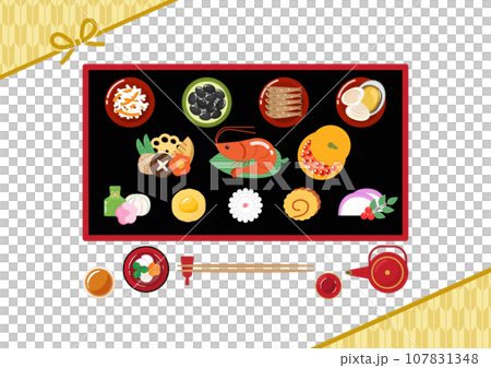 日本圖案框架、osechi 菜餚、zoni 和 toso 日本圖案框架、osechi 菜餚、zoni 和 toso 107831348