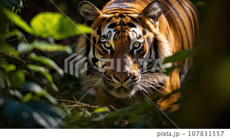 Portrait of Sumatran tiger in a jungle (Panthera tigris sumatrae) 107831557