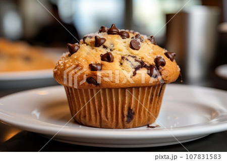 Chocolate chip muffins on plate 107831583