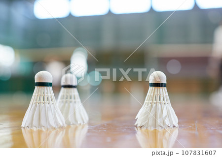 室内運動場の床に置かれたバドミントンのシャトルの様子 107831607