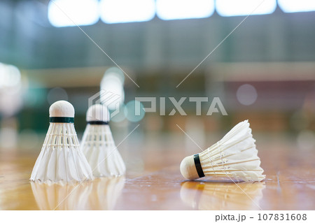 室内運動場の床に置かれたバドミントンのシャトルの様子 107831608