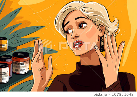 Woman in a cosmetics store shocked by the prices. Supermarket female customer next to a shelf with products surprised by something Woman in a cosmetics store shocked by the prices. Supermarket female customer next to a shelf with products surprised by something 107831648