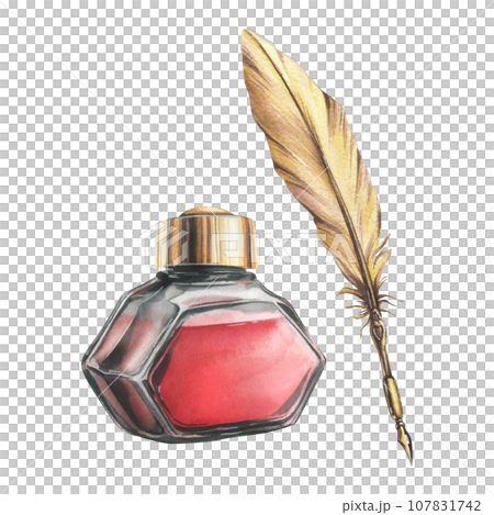 Glass transparent inkwell, red ink jar with gold lid, Gold pen with quill feather. Hand drawn watercolor illustration. Set of isolated object on a white background from the Valentine's Day collection 107831742