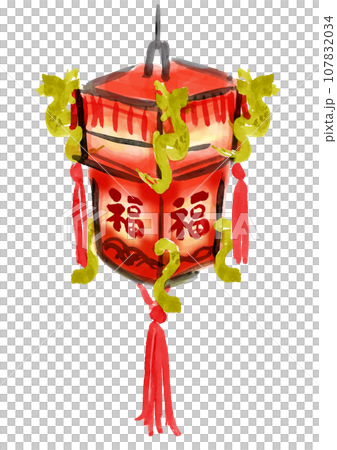 A gorgeous red and gold lantern with Chinese New Year's fortune written on it. 107832034
