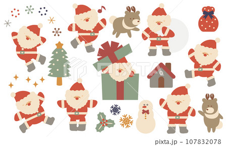 サンタとトナカイのクリスマスイラストセット2レトロカラー 107832078