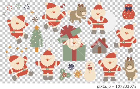 サンタとトナカイのクリスマスイラストセット2レトロカラー 107832078