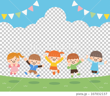 Illustration material of energetic children jumping and blue sky 107832137
