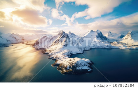 Arial shot of a mountain landscape in winter. AI Generative. 107832384