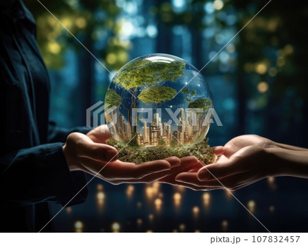 ESG environment social governance concept. Hand-holding crystal globe. Business cooperation for a sustainable environment.World sustainable environment concept. AI Generative. ESG environment social governance concept. Hand-holding crystal globe. Business cooperation for a sustainable environment.World sustainable environment concept. AI Generative. 107832457