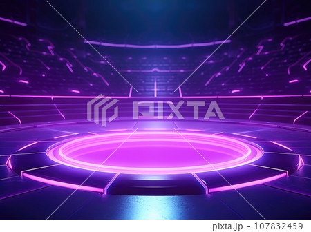 neon stadium stage, Glowing neon lighting and a blank platform for product placement, Satge platform for concert. AI Generative. neon stadium stage, Glowing neon lighting and a blank platform for product placement, Satge platform for concert. AI Generative. 107832459