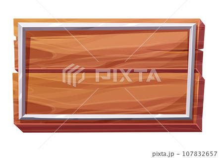 Wood panel with metal border, frame in cartoon style isolated on white background. Signboard bar, menu template, game ui background. 107832657