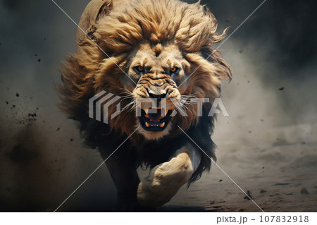 野生の襲い掛かるライオンのイラスト素材 [107832918] - PIXTA